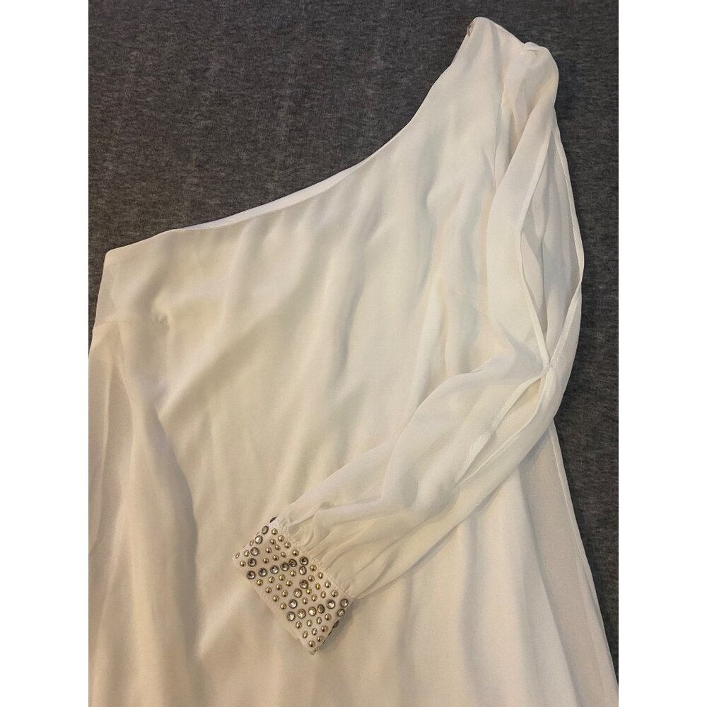 Sequin Hearts One-Shoulder Short Dress Small White Chiffon Studded Cuff Detail - Picture 3 of 8